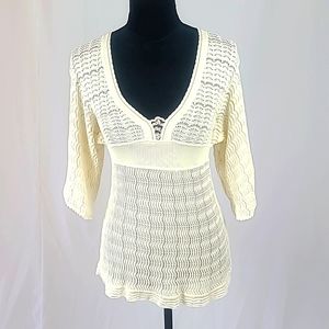 Guinevere Anthropologie women XS crochet 3/4 sleeve smocked waist lace